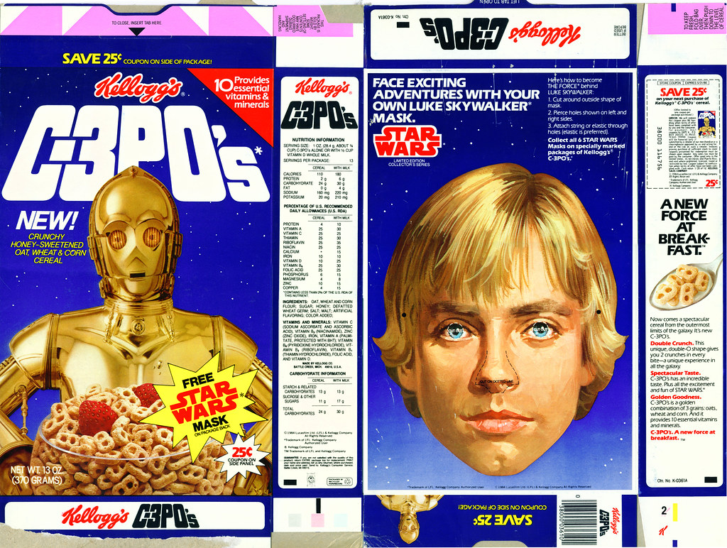 Kellogg's C3POs Cereal - Luke Mask - Full Box - 1984